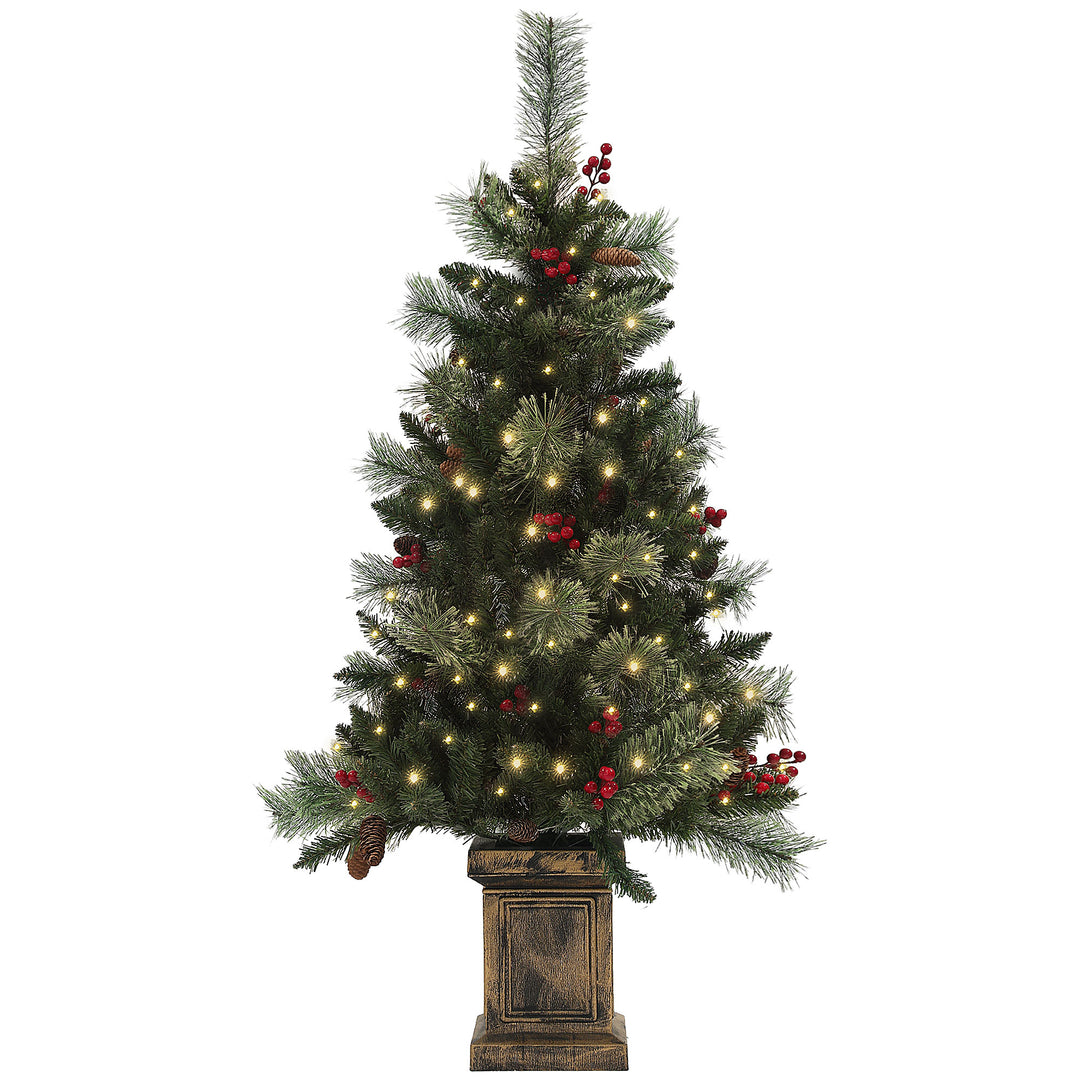 1.2m/4ft Artificial Christmas Tree with 100 Warm White LED Lights and 8 Modes, Small Xmas Tree with Red Berries, Pine Cones and Retro Base, Green