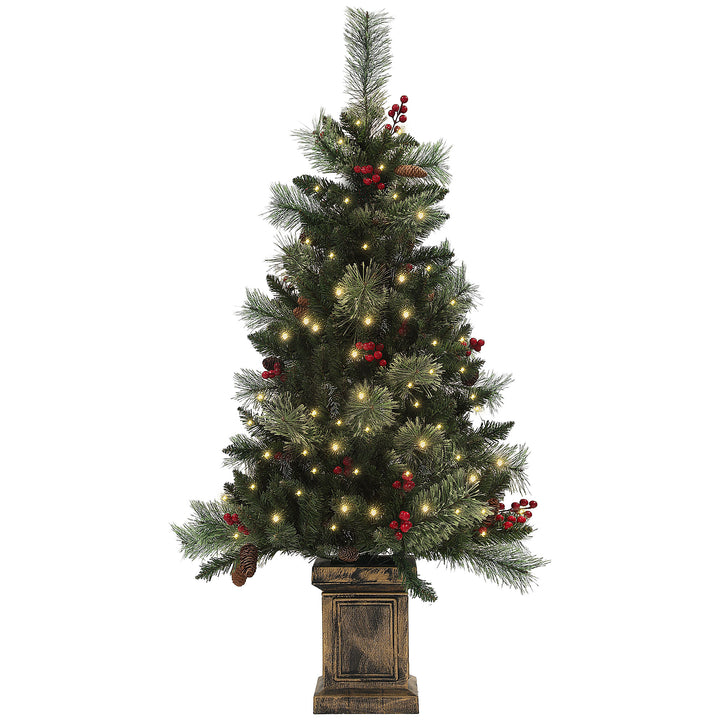 1.2m/4ft Artificial Christmas Tree with 100 Warm White LED Lights and 8 Modes, Small Xmas Tree with Red Berries, Pine Cones and Retro Base, Green