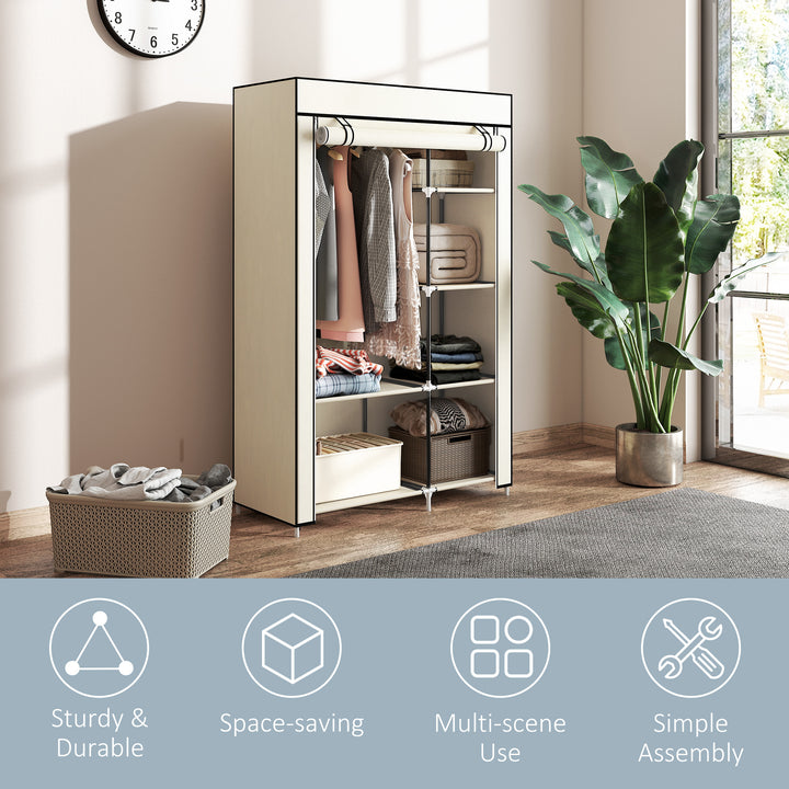 Fabric Wardrobe, Portable Wardrobe with 6 Shelves, 1 Hanging Rail, Foldable Closets, 103 x 43 x 162.5 cm, Cream White