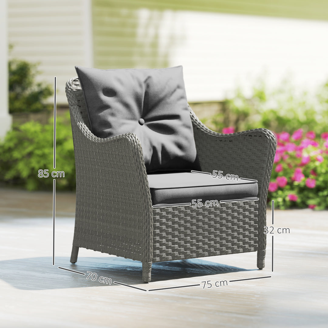 Rattan Garden Chairs Set of 2, Outdoor Rattan Chairs with Cushions, Armrests and High Back, PE Wicker Garden Armchair with Steel Frame for Balcony, Porch, Dark Grey