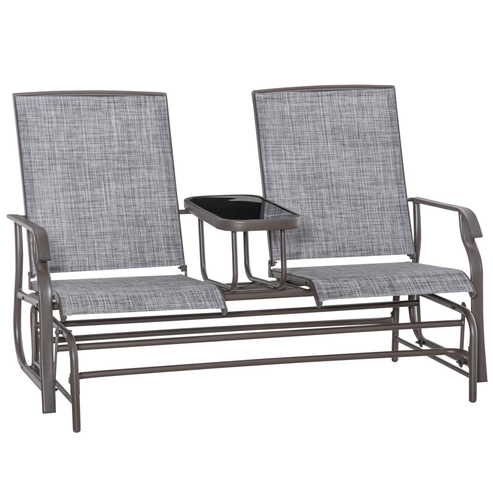 2 Seats Garden Glider Bench, Metal Frame Loveseat with Glass Top Centre Table, Porch Rocking Glider for 2 Person, for Deck, Patio, Brown/ Grey
