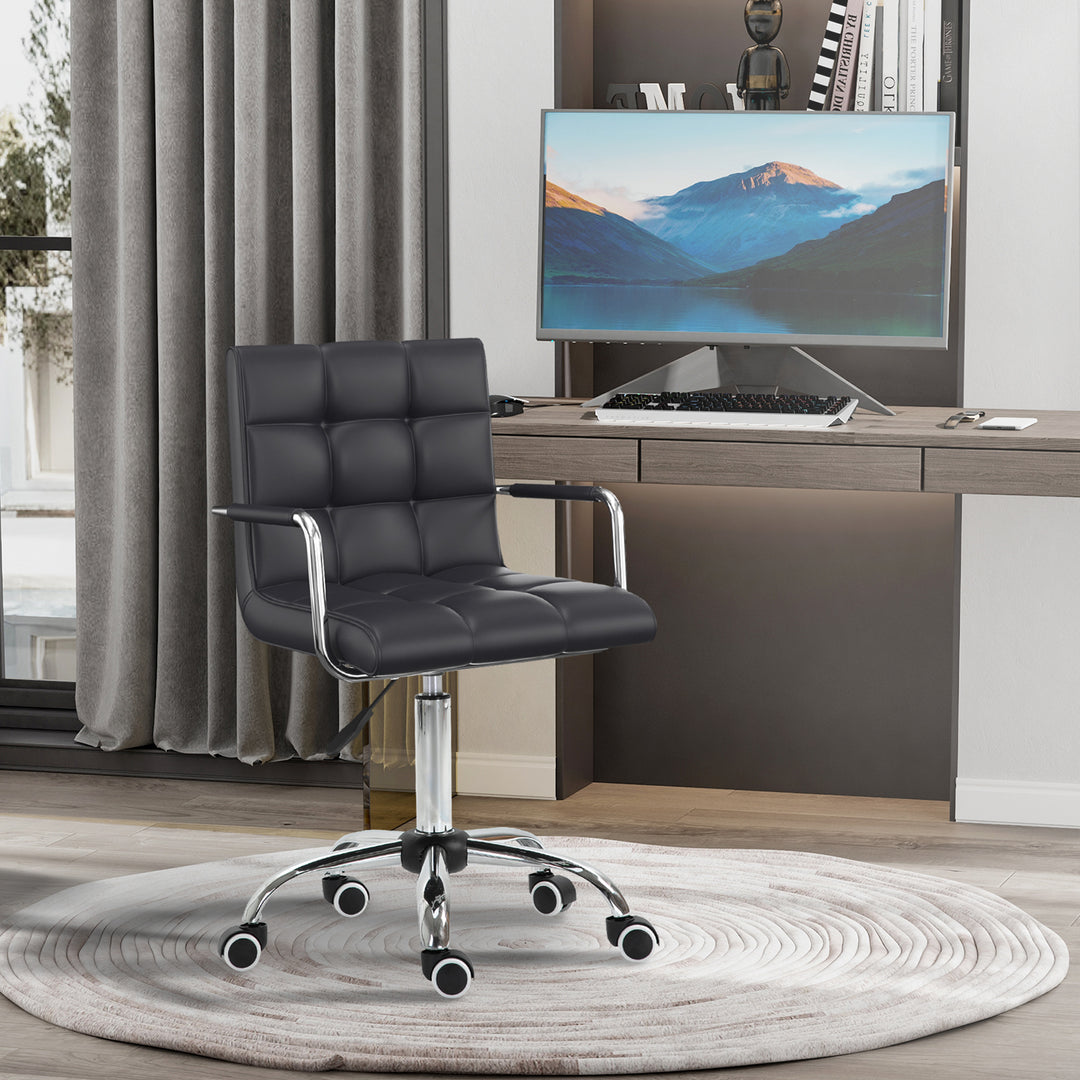 Office Chair, Makeup Vanity Chair, Mid Back Computer Chair, PU Leather Swivel Study Chair with Adjustable Height, Armrest and Rolling Wheels, Black