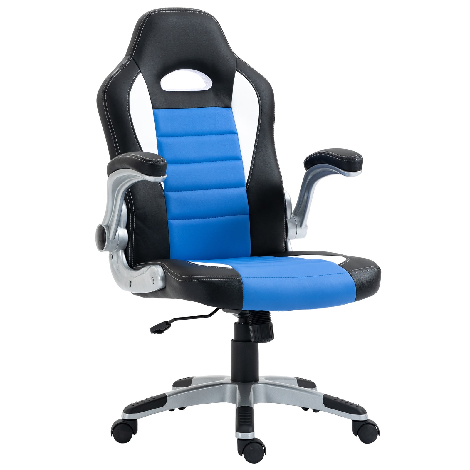 Computer Gaming Chair, Office Desk Swivel Chair, PU Leather Racing Chair with 90° Flip-up Armrest, Adjustable Height and Rolling Wheels, Blue