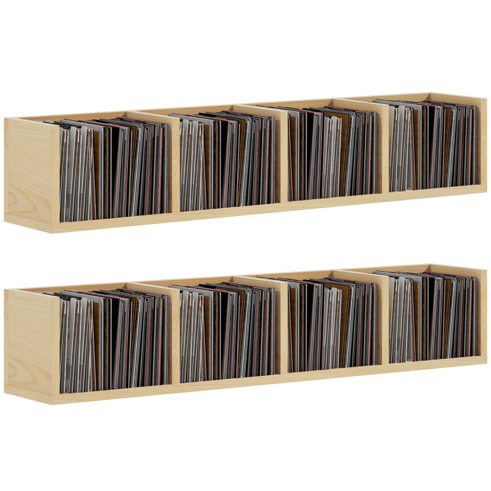 Wall Mount 84 CD / 56 DVD/Blu-ray/ Media Storage Rack 4 Cubes, Wooden Shelf Organiser Unit Bookcase Display, Set of 2, Natural Wood Finish