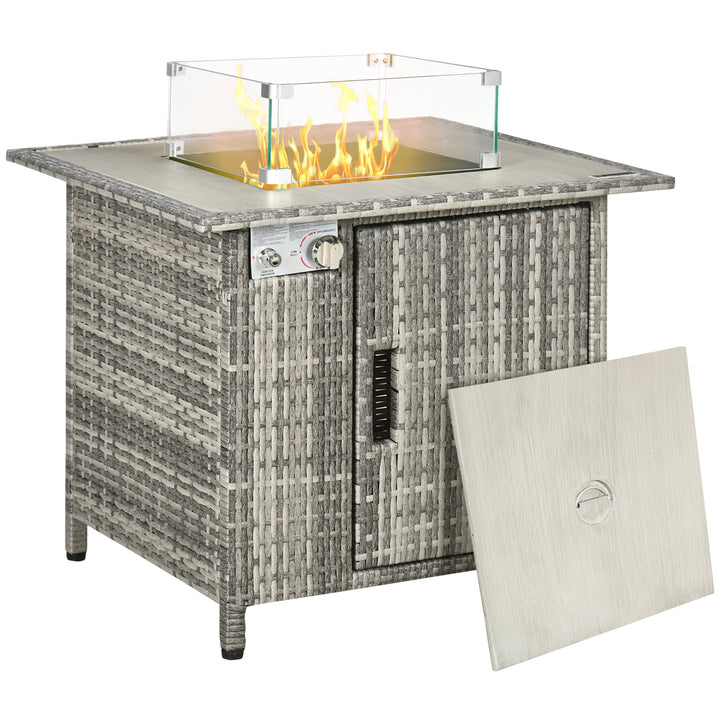 Outsunny Outdoor PE Rattan Gas Fire Pit Table, Patio Square Propane Heater w/ Rain Cover, Glass Windscreen & Lava Stone, 50000 BTU, Grey | Aosom UK