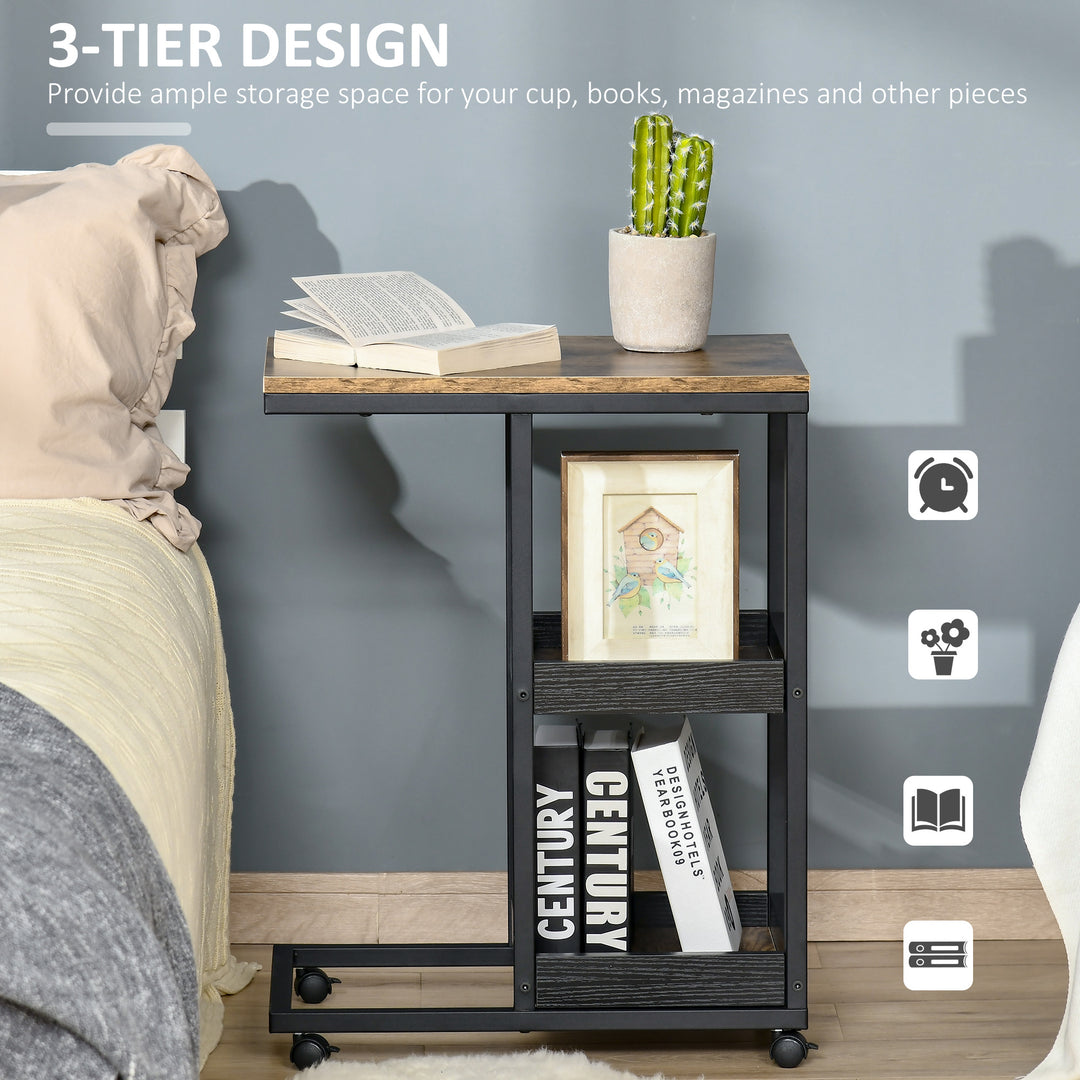 Mobile Sofa Side Table Set of 2, Industrial C-Shaped Rolling Couch Table with 3-Tier Storage Shelving Four Lockable Wheels Steel Frame, Dark Brown