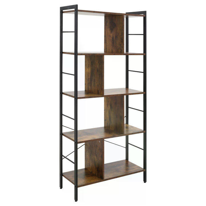 HOMCOM Industrial Storage Shelf Bookcase Closet Floor Standing Display Rack with 5 Tiers, Metal Frame for Living Room & Study, Rustic Brown | Aosom UK