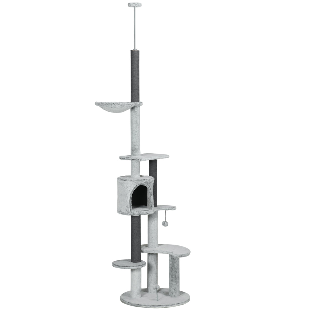 255cm Floor to Ceiling Cat Tree with Scratching Posts, Height Adjustable Cat Tower with Hammock, House, Anti-tipping Kit, Perches, Toys, Grey