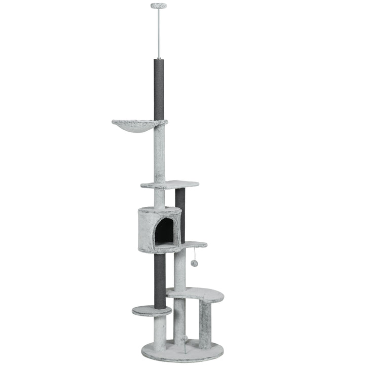 255cm Floor to Ceiling Cat Tree with Scratching Posts, Height Adjustable Cat Tower with Hammock, House, Anti-tipping Kit, Perches, Toys, Grey