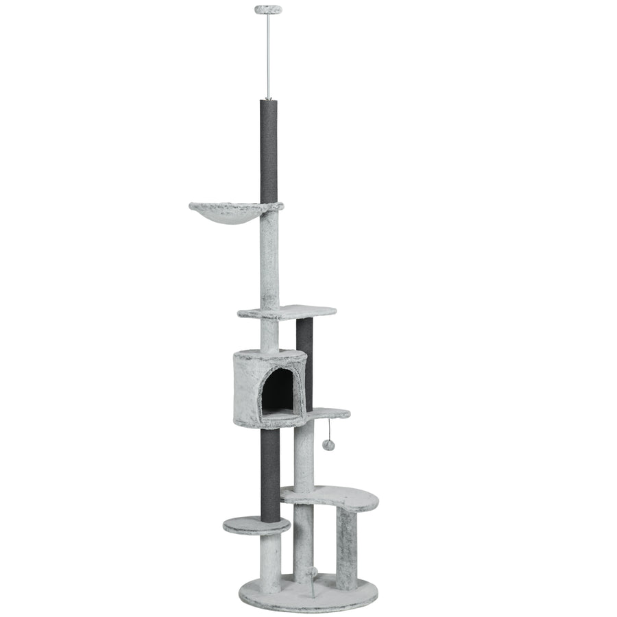 255cm Floor to Ceiling Cat Tree with Scratching Posts, Height Adjustable Cat Tower with Hammock, House, Anti-tipping Kit, Perches, Toys, Grey