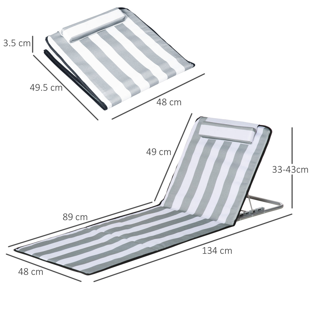 Set of 2 Foldable Garden Beach Chair Mat Lightweight Outdoor Sun Lounger Seats Adjustable Back Metal Frame PE Fabric Head Pillow w/ Carry Bag, Light Grey