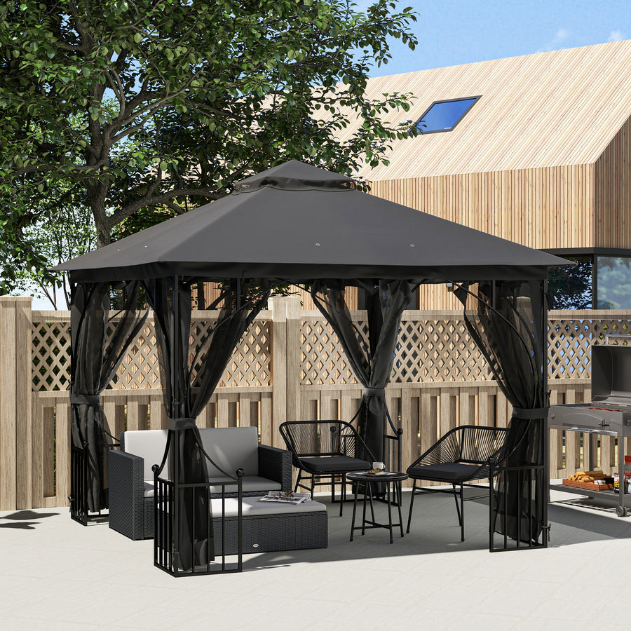 3 x 3m Garden Gazebo Patio Party Tent Shelter Outdoor Canopy Double Tier Sun Shade with Metal Frame and Netting, Dark Grey