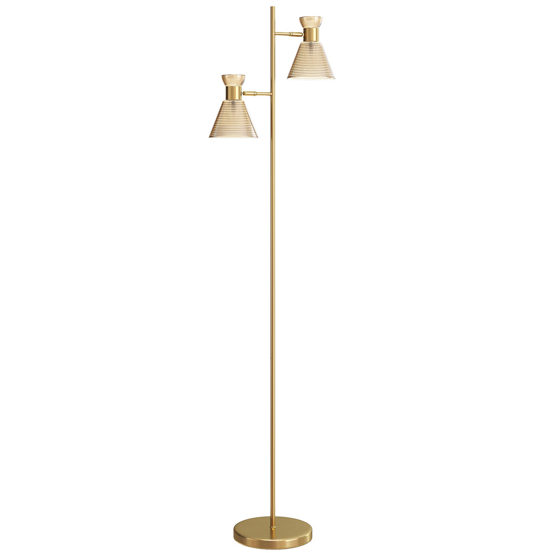 MCL Floor Lamp with Adjustable Dual Head, Modern Standing Lamp with Floral Glass Shades and Foot Switch for Living Room Bedroom, E27 Socket, Bulb Not Included, Gold Tone