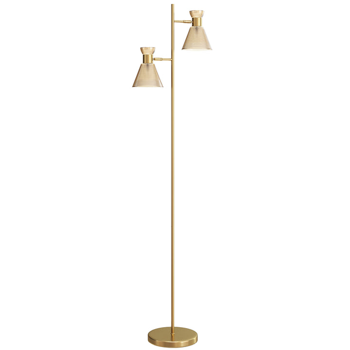 MCL Floor Lamp with Adjustable Dual Head, Modern Standing Lamp with Floral Glass Shades and Foot Switch for Living Room Bedroom, E27 Socket, Bulb Not Included, Gold Tone