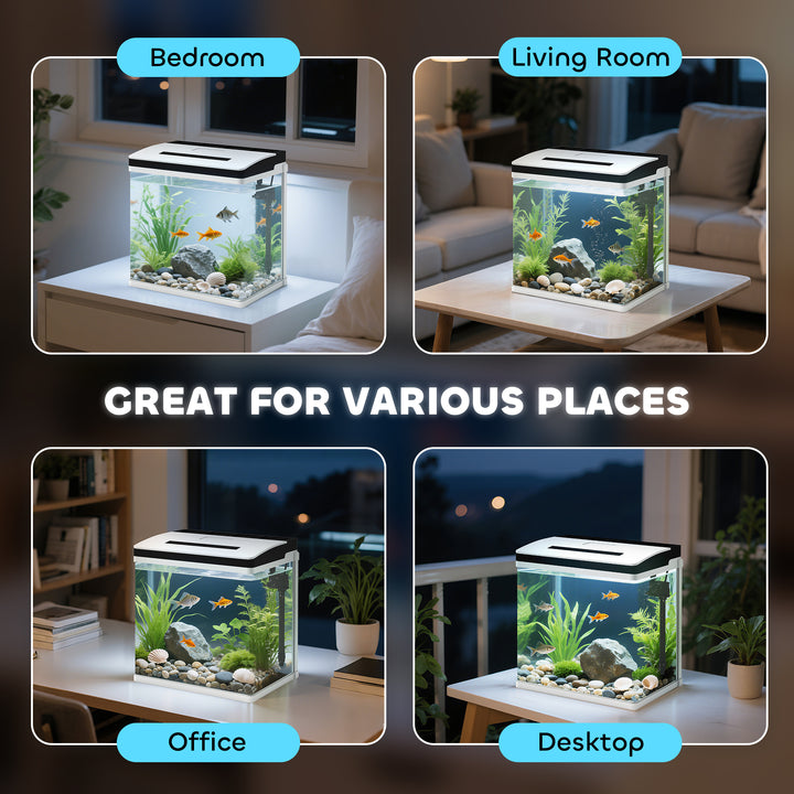 28L Glass Aquarium Fish Tank with Filter, LED Lighting, for Betta, Guppy, Mini Parrot Fish, Shrimp, 38 x 26 x 39.5cm