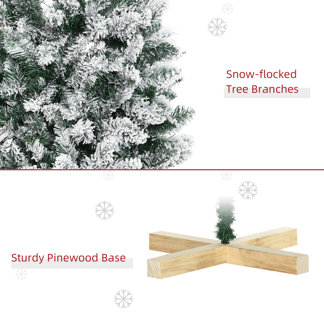 6 Ft Snow Flocked Artificial Christmas Tree, Xmas Pencil Tree with Realistic Branches, Auto Open, Pinewood Base, Green