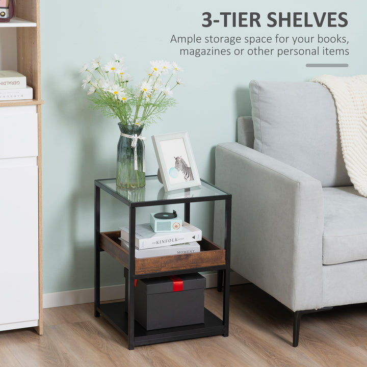 Industrial Side Table, 3-Tier End Table with Glass Top, Storage Shelves, Nightstand with Steel Frame for Bedroom, Living Room, Rustic Brown