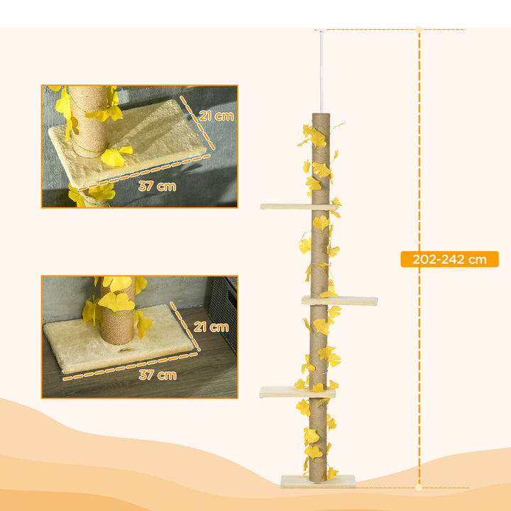 242cm Adjustable Floor-To-Ceiling Cat Tree, with Artificial Decoration, Perches, Anti-Slip Kit - Yellow
