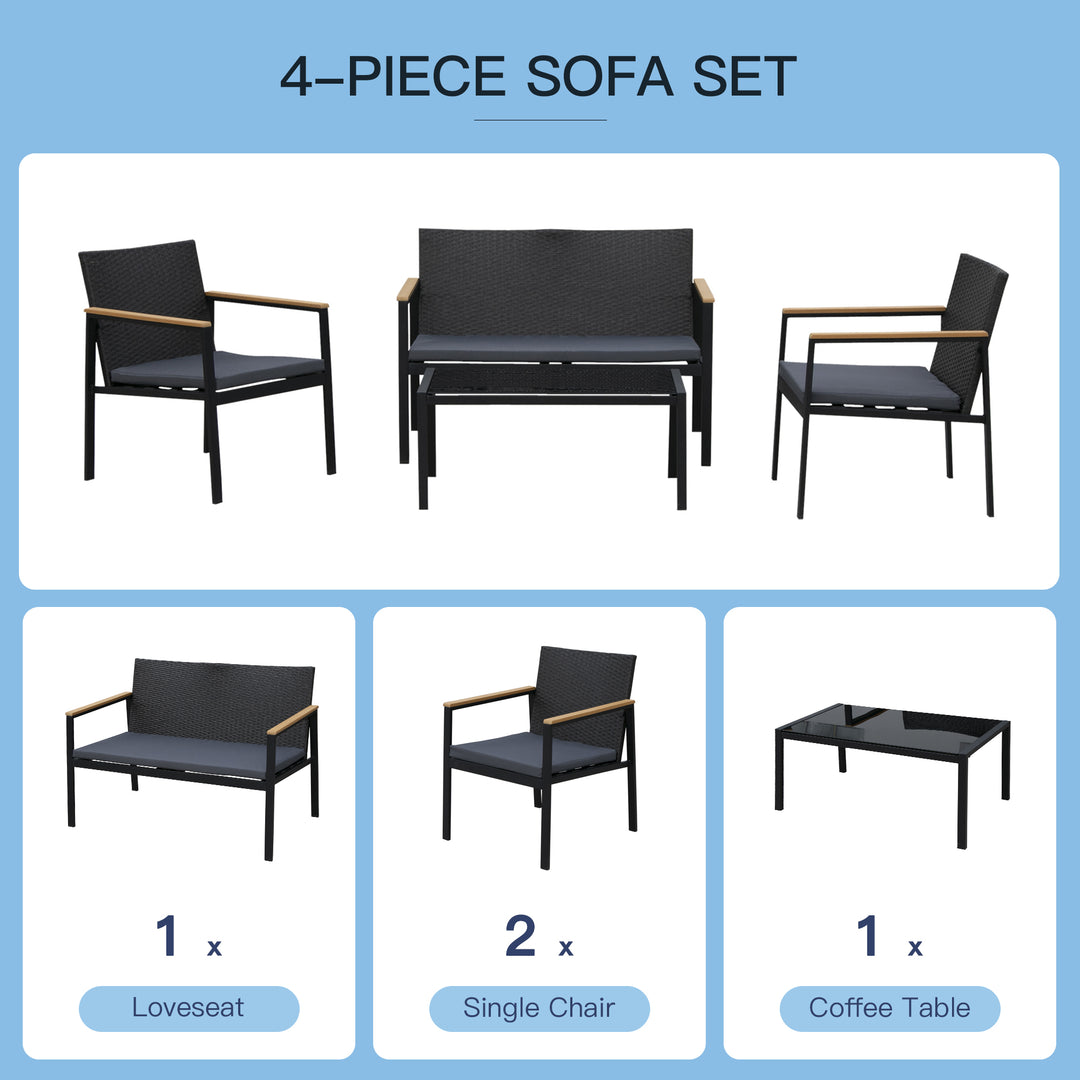 4 Pieces Rattan Garden Furniture Set, 4 Seater Garden Sofa Set with Loveseat, 2 Armchairs and Glass Top Coffee Table, Wicker Outdoor Conservatory Furniture with Cushions for Patio, Black