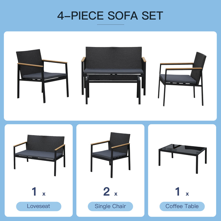 4 Pieces Rattan Garden Furniture Set, 4 Seater Garden Sofa Set with Loveseat, 2 Armchairs and Glass Top Coffee Table, Wicker Outdoor Conservatory Furniture with Cushions for Patio, Black