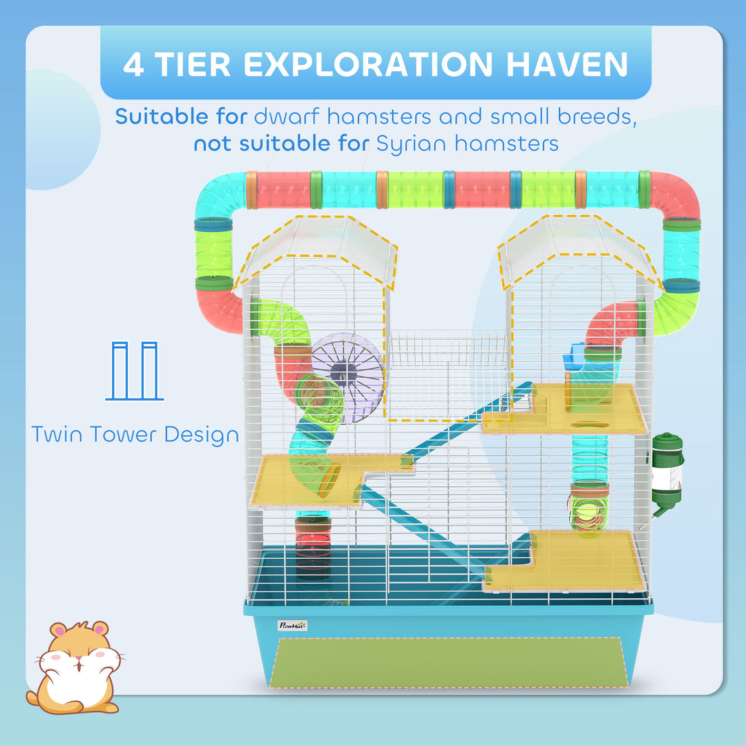 4 Tier Hamster Cage w/ Tubes, Exercise Wheel, Hut, Water Bottle, Food Dish, Ramps, for Dwarf Hamster, Light Blue