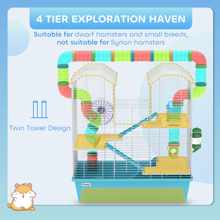 4 Tier Hamster Cage w/ Tubes, Exercise Wheel, Hut, Water Bottle, Food Dish, Ramps, for Dwarf Hamster, Light Blue