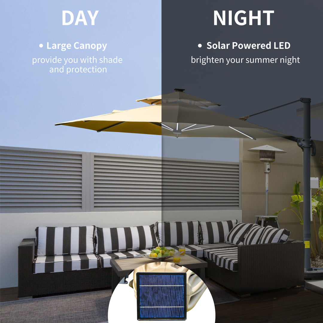 3m Cantilever Parasol w/ Solar Lights Power Bank Base 360° Spin Khaki