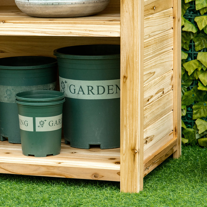 MCL Garden Potting Bench Table, Wooden Workstation Bench w/ Galvanized Metal Tabletop, Storage Shelves and Hooks, Natural