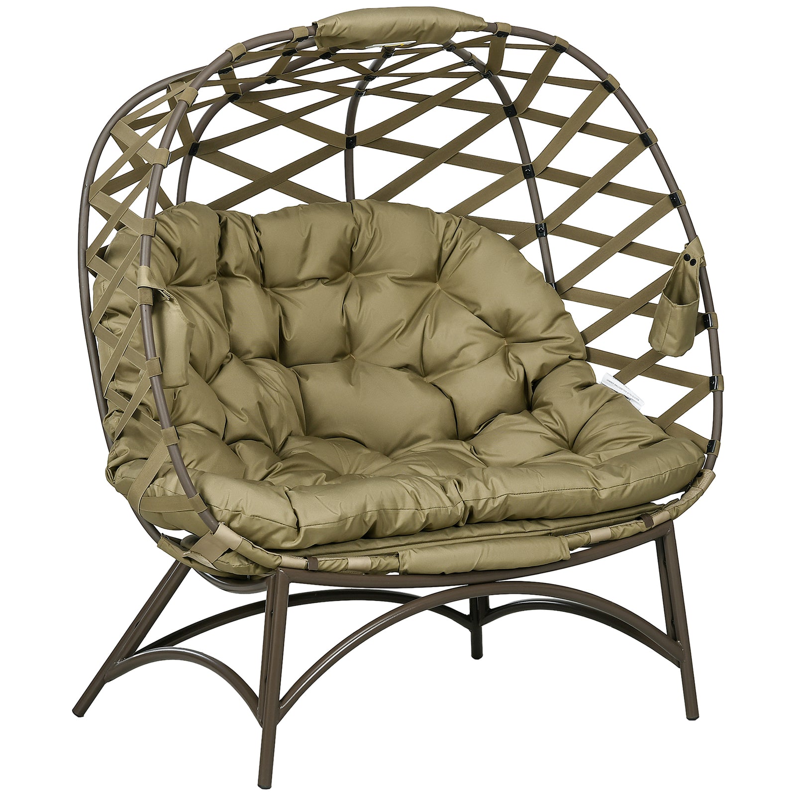 2 Seater Egg Chair Outdoor, Folding Weave Garden Furniture Chair with Cushion, Cup Pockets - Khaki