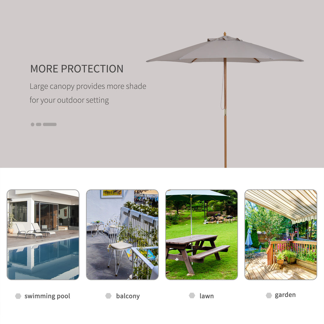 2.5m Wood Garden Parasol Sun Shade Patio Outdoor Wooden Umbrella Canopy, Table Market Umbrella with Vent, 38mm Pole, Rope Pulley Mechanism, Grey