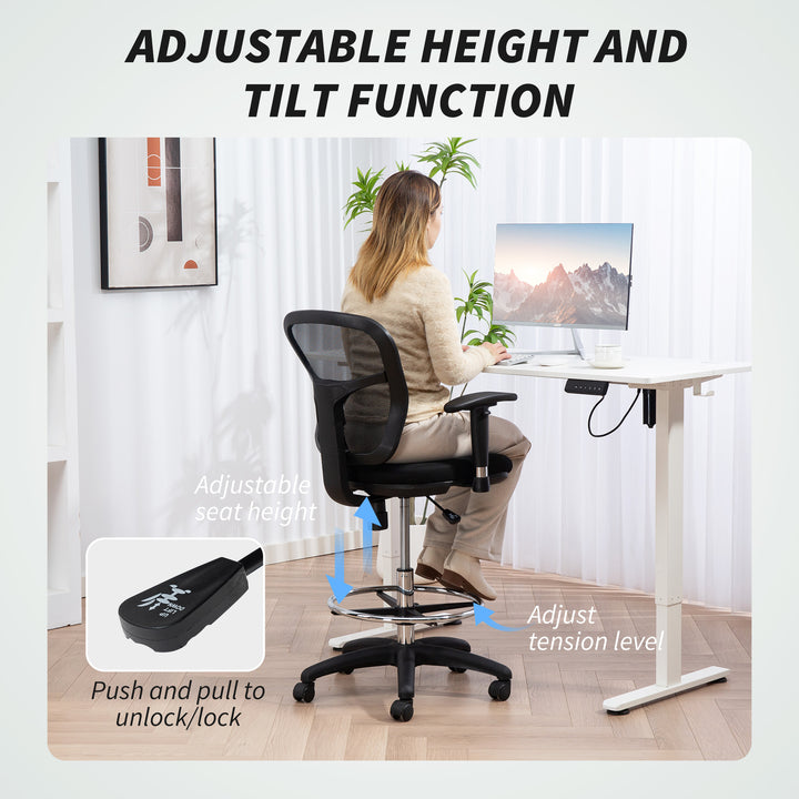 Drafting Chair with Adjustable Armrests, Ergonomic Mesh Office Chair with Lumbar Support, Adjustable Height and Footrest for Standing Desk, Black
