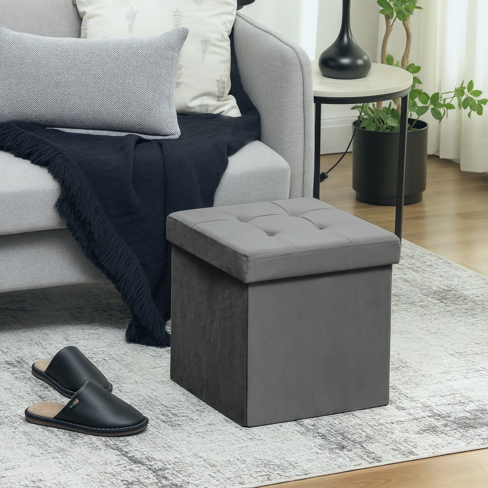Foldable Velvet-Feel Storage Ottoman - Grey
