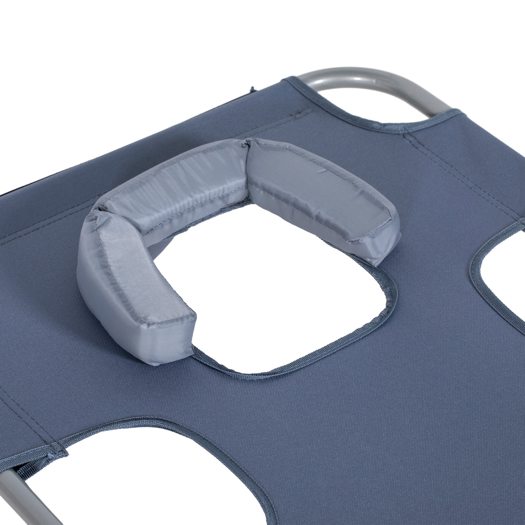 Foldable Sun Lounger, Beach Chaise Lounge with Reading Hole, Arm Slots, 5-Position Adjustable Backrest, Side Pocket, Pillow for Garden, Beach, Pool, Grey