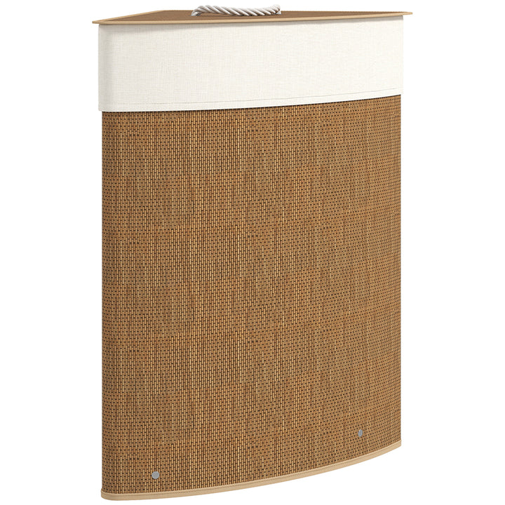 Bamboo Laundry Basket with Lid, 55L Corner Laundry Hamper with Removable Washable Liner Bag, Bathroom Triangle Washing Basket, 35 x 35 x 60 cm, Brown