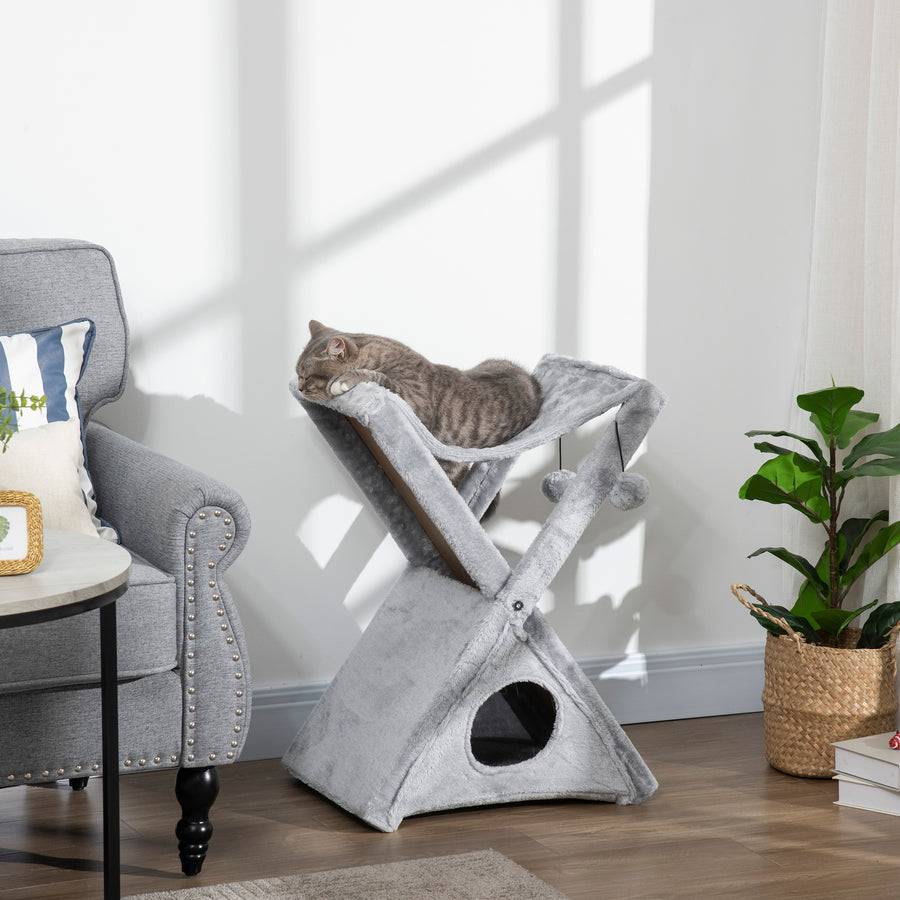 Two Tier Cat Tree for Indoor Cats Play Rest Activity Tower Plush Folding Relax Center w/ Scratching Post Hammock Pom Poms Grey