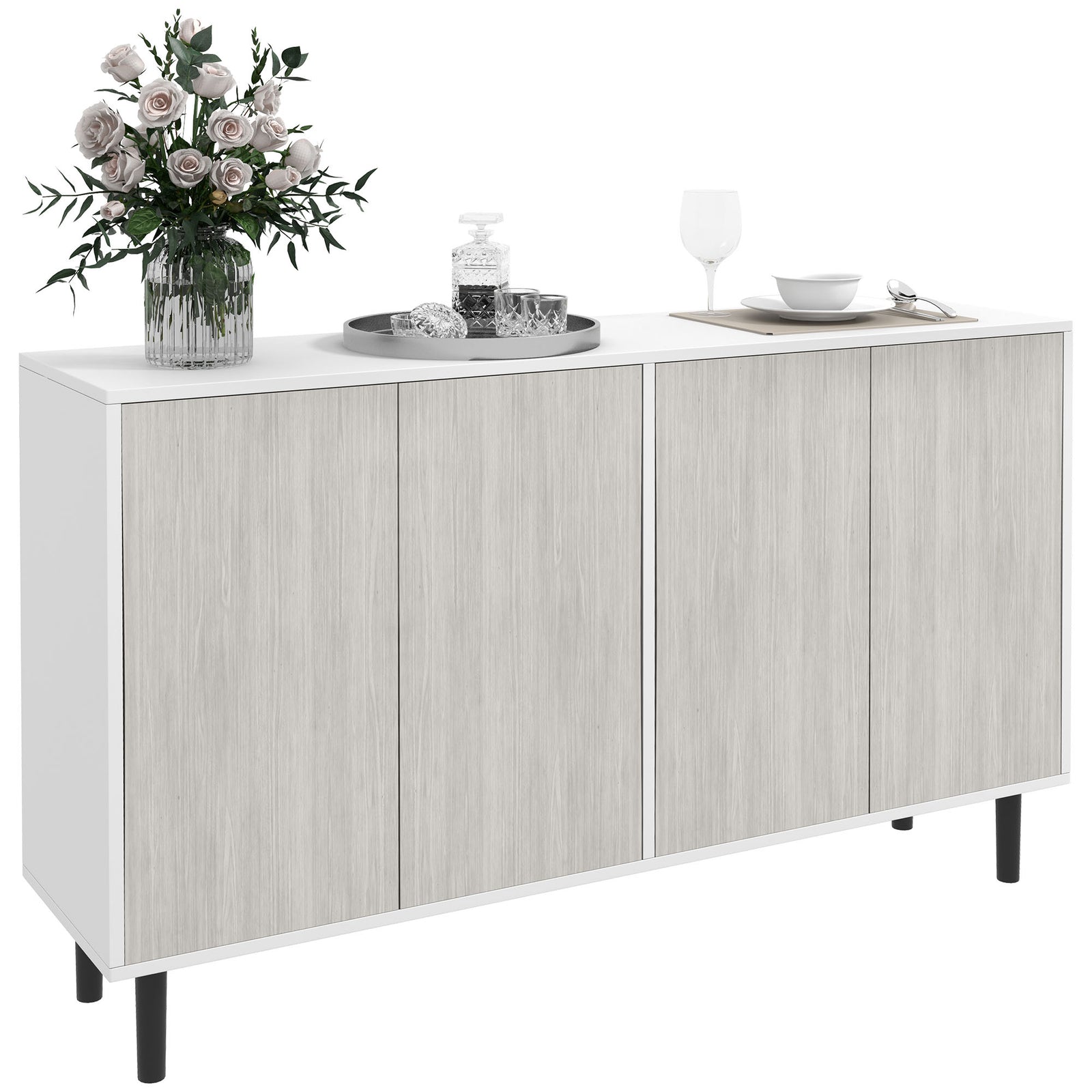 Kitchen Sideboard Storage Cabinet for Living Room with Adjustable Shelves 4 Doors and Pine Wood Legs White