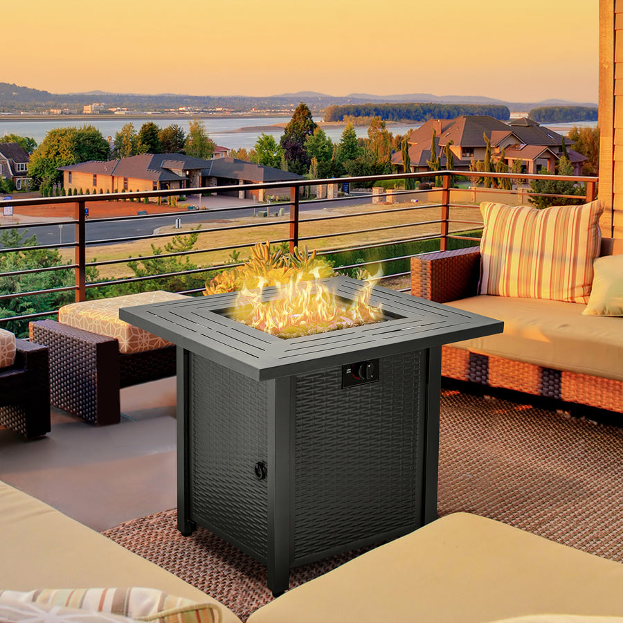 Square Propane Gas Fire Pit Table, 40000 BTU Rattan Smokeless Firepit Patio Heater with Protective Cover, Lava Rocks and Lid, 71cm x 71cm x 62cm, Black