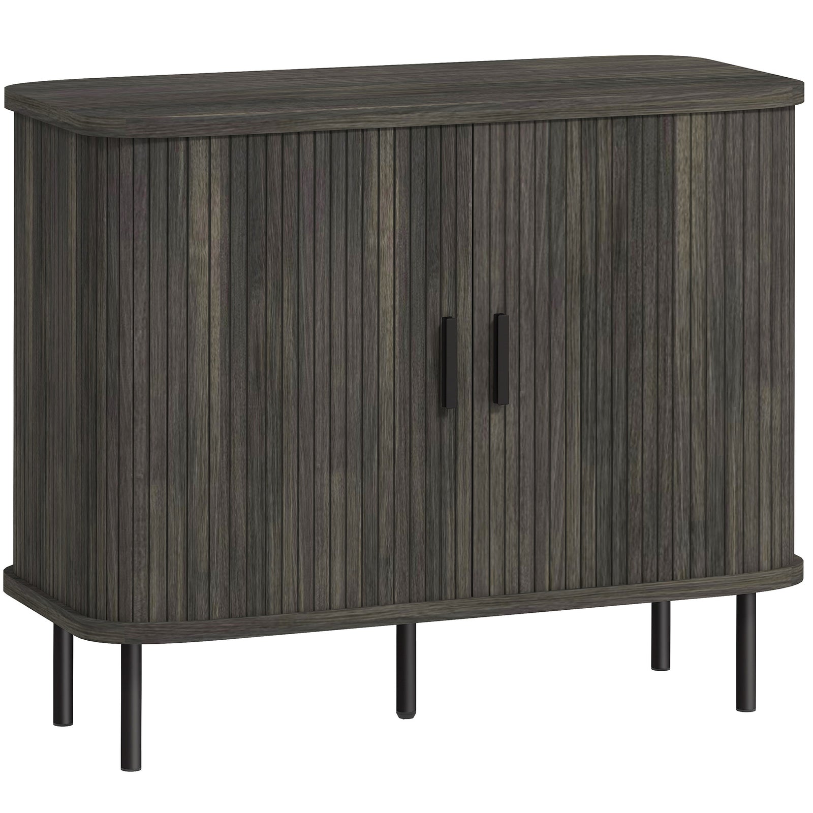 Mid-Century Modern Sideboard Storage Cabinet with Slatted Tambour Sliding Doors, Kitchen Cabinet with Steel Legs, Grey