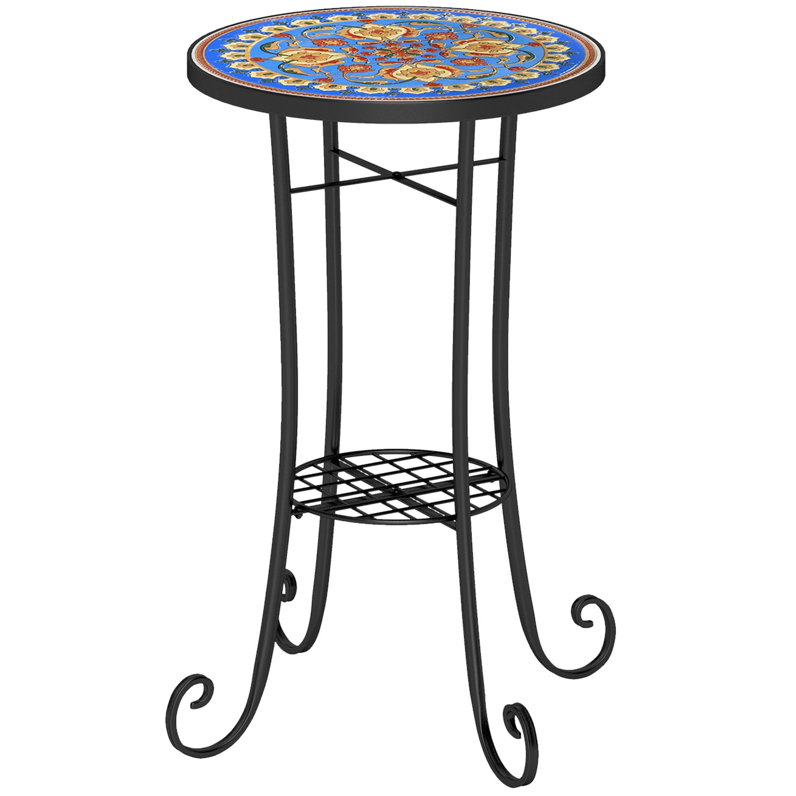 Mosaic Garden Table, 35.5 cm Round Outdoor Table with Shelf, Ceramic Tile Top, Small Garden Side Table Bistro Table End Table Plant Stand for Indoor, Patio, Balcony, Blue