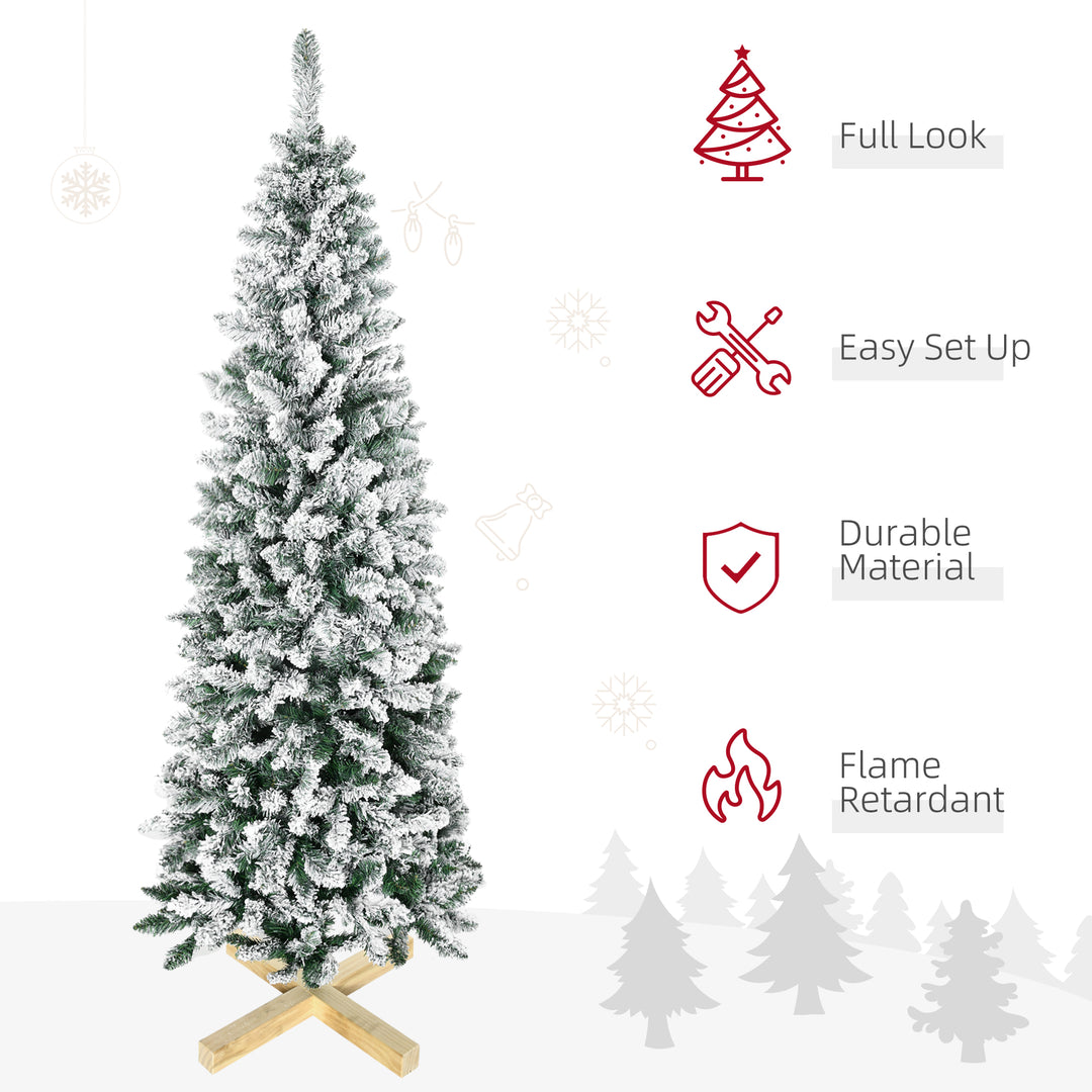 6 Ft Snow Flocked Artificial Christmas Tree, Xmas Pencil Tree with Realistic Branches, Auto Open, Pinewood Base, Green