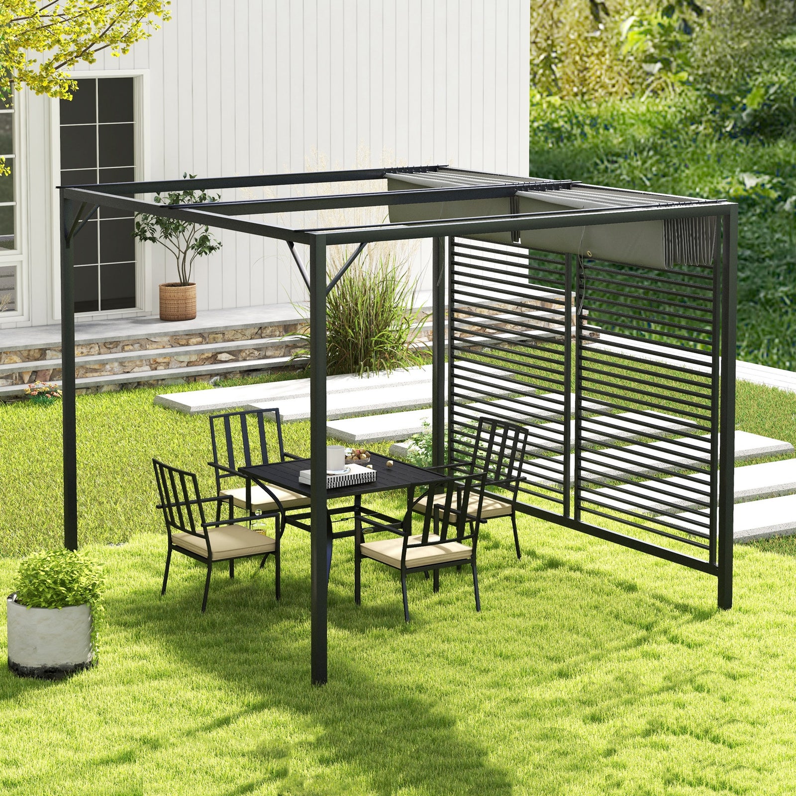 3 x 2.8m Metal Pergola, with Retractable Fabric Roof - Grey