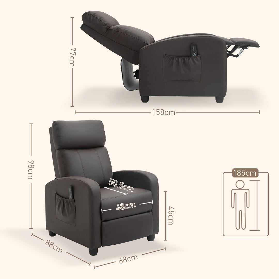 Recliner Armchair, Massage Faux Leather Push Back Reclining Chair with Adjustable Leg Rest, Side Pocket, for Home Living Room Theatre, Brown