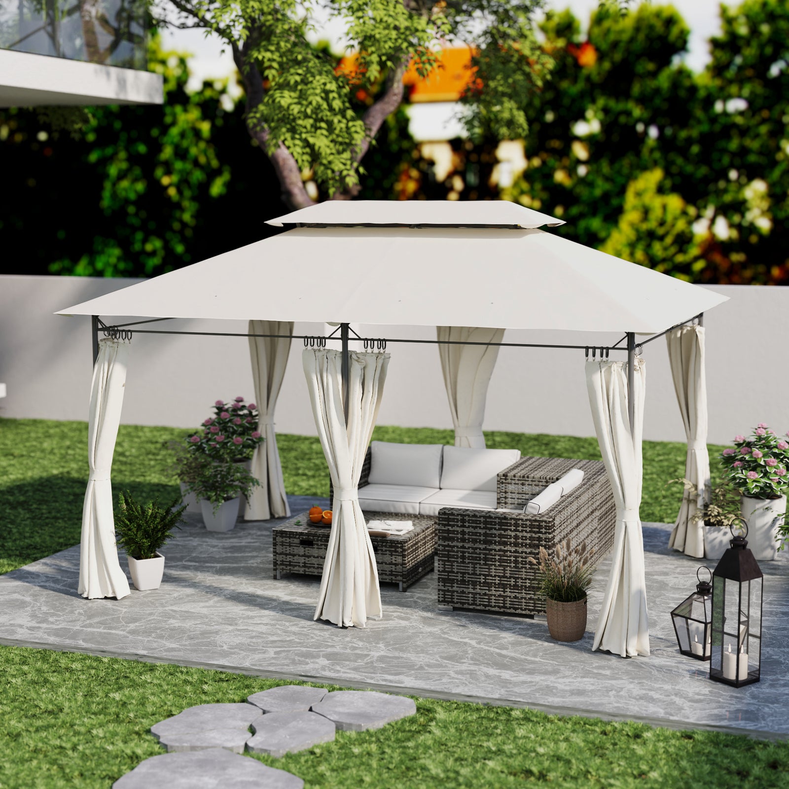3 x 4m Metal Frame, Two-Tier Roof Gazebo - Cream White
