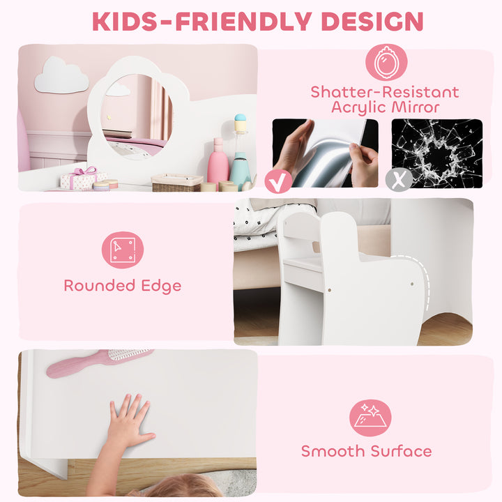 Kids Dressing Table with Mirror, Stool, Kids Vanity Table with Shelves, for Ages 3-8 Years