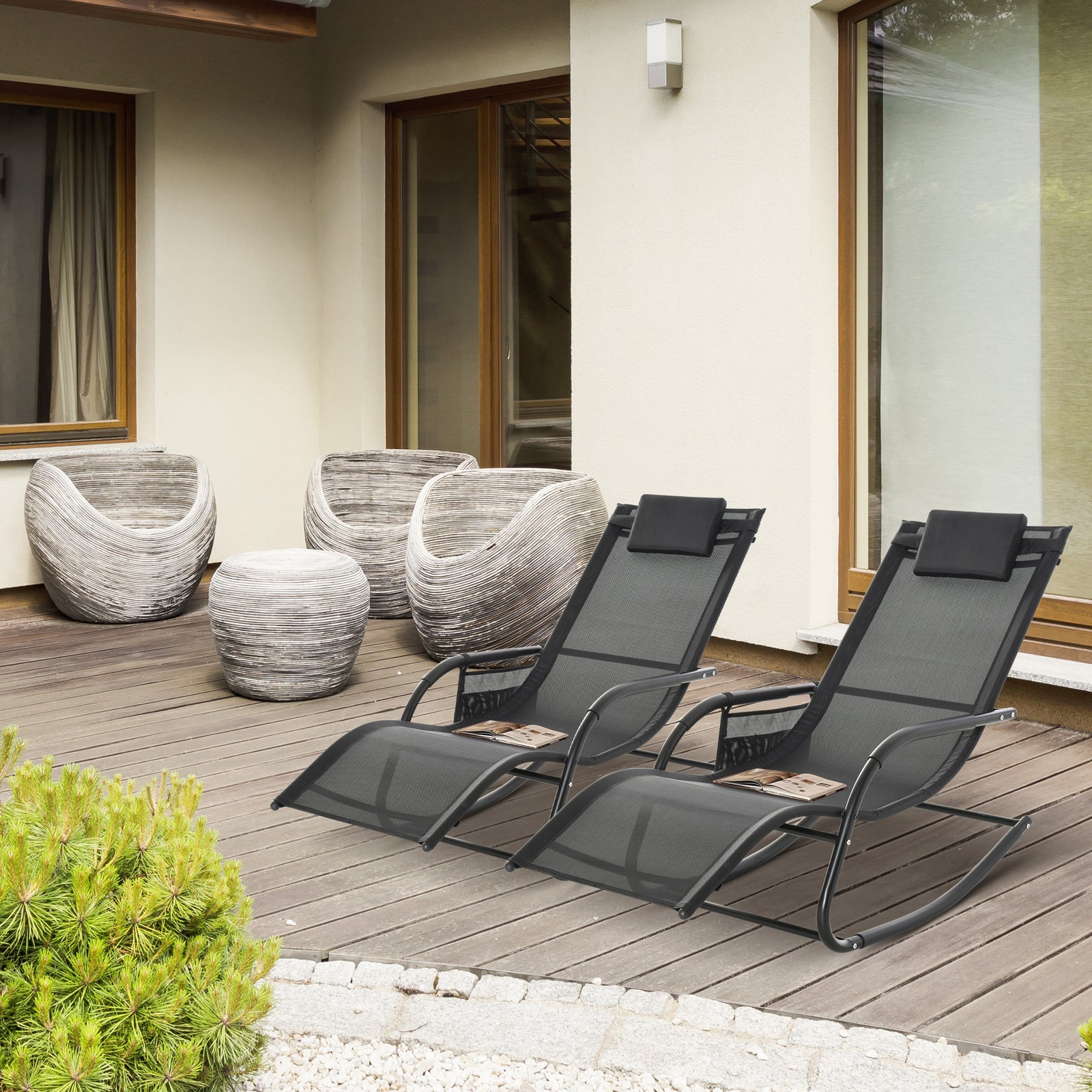 2PCs Outdoor Garden Rocking Chair, Patio Sun Lounger Rocker Chair with Breathable Mesh Fabric, Removable Headrest Pillow, Armrest, Side Storage Bag, Black