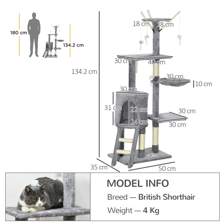 PawHut Cat Scratching Post, Cat Tree for Indoor Cats, Climbing Tower Scratcher with Ladder, Kitty Activity Centre, 135cm, Grey | Aosom UK