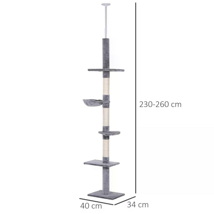 PawHut Cats Floor to Ceiling Scratching Post w/ 5-Tier Plush Leisure Platforms Grey | Aosom UK