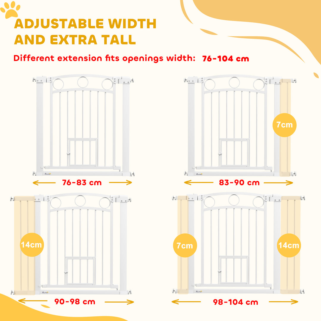 77cm Tall Dog Gate with Cat Door, 7cm and 14cm Extensions, for Stairs, Doorways, 76-104cm Width