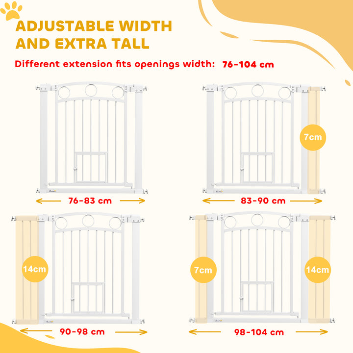 77cm Tall Dog Gate with Cat Door, 7cm and 14cm Extensions, for Stairs, Doorways, 76-104cm Width