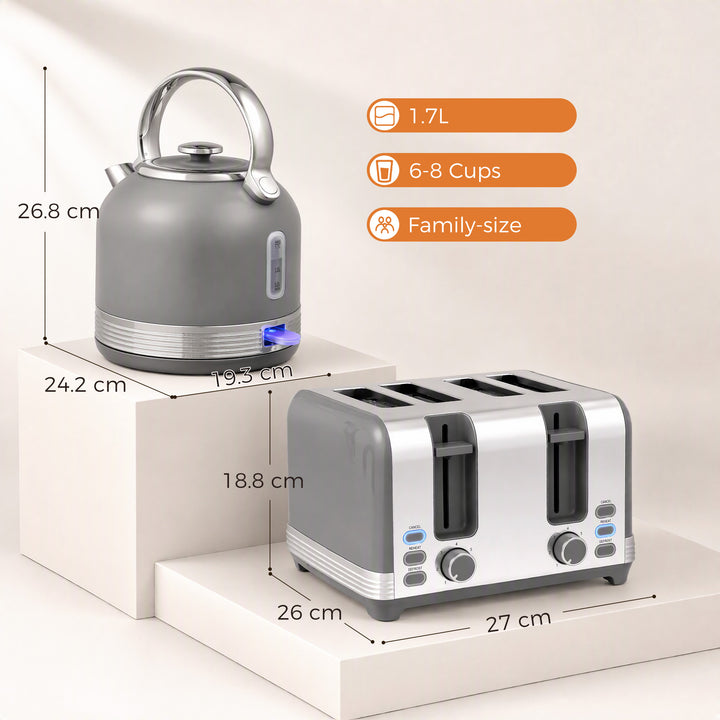 Stainless Steel Kettle and Toaster Set, 1.7L 3000W Cordless Fast Boil 
